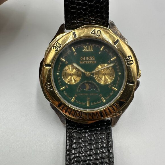 Vintage Guess Moon Phase Watch Men Gold Silver Tone Green Dial New Battery 8" - Picture 3 of 11